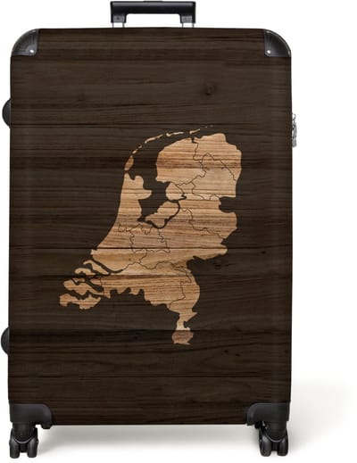 NoBoringSuitcases.com® - Koffer groot - Reiskoffer lichtgewicht - Kaart - Nederland - Hout - Design - Mannen - Rolkoffer met 4 wielen - Grote trolley XL - 98 liter bagage