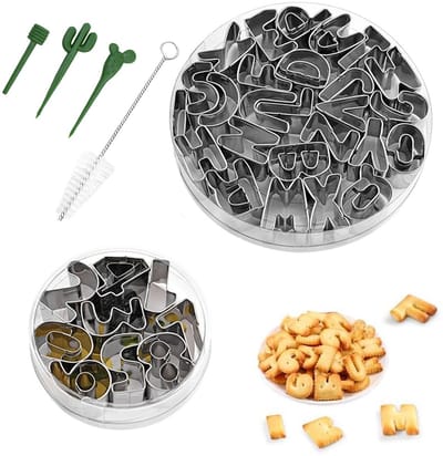 Dailygoods - 35 stuks uitsteekvormen voor koekjes met letters en cijfers, van roestvrij staal, alfabet, met reinigingsborstel en ontvormingsstaaf, voor cake, koekjes