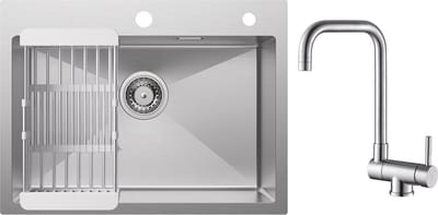 CECIPA max Spoelbakken 60x45cm Zilver - Gootsteen met 360°Inklapbare keukenmengkraan - Spoelbak Keuken voor Roestvrij staal - Spoelbakken met afdruip - Enkele spoelbak met afdruiprek