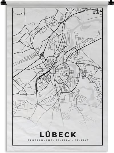Wandkleed - Wanddoek - Lübeck - Plattegrond - Stadskaart - Kaart - 120x180 cm - Wandtapijt