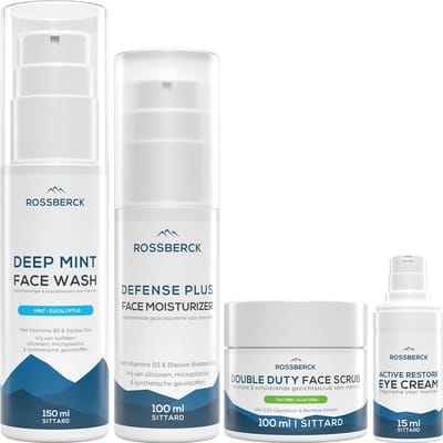 Rossberck Gezichtsverzorging Set - 4 Delig - Geschenkset Mannen - Gezichtscrème - Face Wash - Oogcrème - Scrub