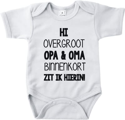 Baby romper met tekst zwangerschap aankondiging | Hi overgroot opa en oma binnenkort zit ik hierin | Wit | korte mouw | maat 56 cadeautje zwangerschap aankondiging bekendmaking | Cadeautje 100% katoen.