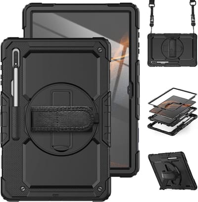 Hoes met ingebouwde Screenprotector | Geschikt voor Samsung Galaxy Tab S8 Ultra | Inclusief Handriem en Schouderriem | Extreme bescherming | Ideaal voor zakelijk gebruik