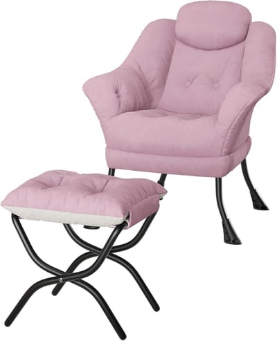 Moderne Fauteuil met Hocker - Verstelbare Loungestoel met Zijvak - Velvet Relaxstoel - Compact Design voor Kleine Ruimtes - Roze