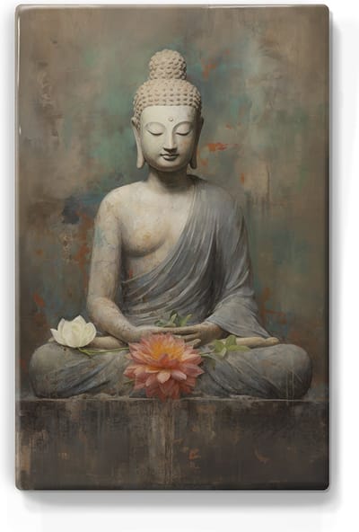 Boeddha met bloemen - Laqueprint - 19,5 x 30 cm - Niet van echt te onderscheiden handgelakt schilderijtje op hout - Mooier dan een print op canvas. - LP503