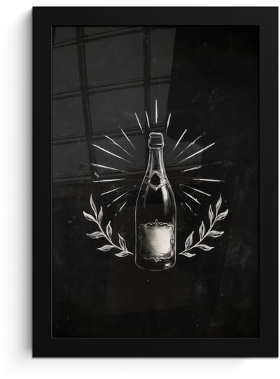 Poster in lijst - Fotolijst 20x30 cm - Posters - Champagnefles - Lauriertakken - Zwarte achtergrond - Posterlijst zwart - Decoratie - Wanddecoratie woonkamer - Muurdecoratie slaapkamer