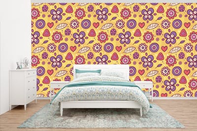 Behang - Fotobehang Patroon - Bloemen - Paars - Oranje - Breedte 500 cm x hoogte 280 cm