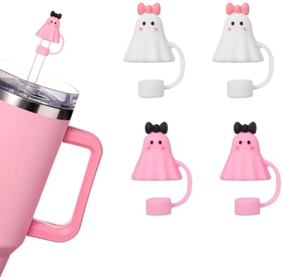 4-pack - Rietjesdeksels. Halloween rietjesdecoraties, herbruikbaar, voor bekers van 30/40 oz (roze en wit).