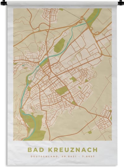 Wandkleed - Wanddoek - Kaart - Vintage - Stadskaart - Bad Kreuznach - Plattegrond - 120x180 cm - Wandtapijt