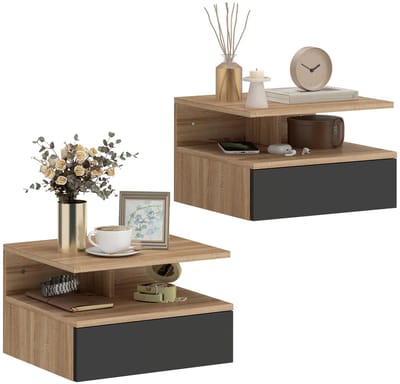 HomeGoodies - Nachtkastjes set van 2 - Nachtkastje met laden - Zwevend - Wandmontage - Eiken/Zwart - Modern Design