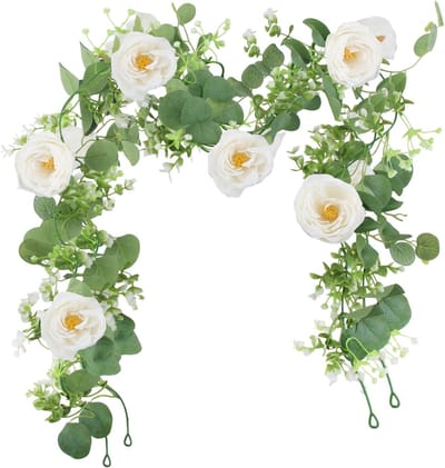 Set van 2 Kunstmatige Bloemengirlanden van 1,8 m met Witte Camelia en Eucalyptus, Perfect voor Decoratie, Bruiloften en Feestjes, Ideaal voor Tafels en Achtergronden