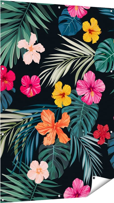 Gards Tuinposter Getekende Tropische Bloemen - Abstract - 100x150 cm - Tuindoek - Tuindecoratie - Wanddecoratie buiten - Tuinschilderij
