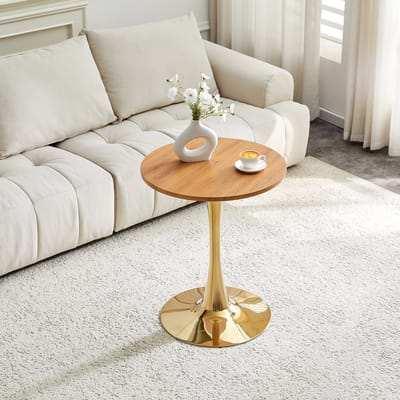 STILVORA Bijzettafel - Ronde Tafel Met Stevige Middenvoet - Voor Woonkamer En Leeshoek - MDF En Metaal - Goud;Houtkleur