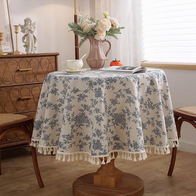 COOAU - Vintage katoen-linnen rond tafelkleed, landelijk bloemenpastoraal patroon, afwasbaar, geschikt voor eettafel, picknick, binnen en buiten, tafeldecoratie (blauw bloemenpatroon, rond 60") -Met kwastjes