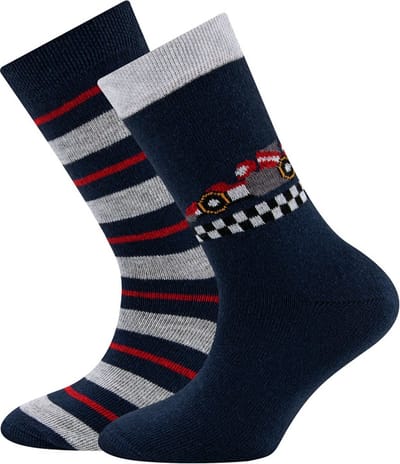 Ewers Kindersokken - 2-PACK - Donkerblauw en Grijs met Raceauto/Finishlijn & Donkerblauw/Grijs/Rood gestreept -23/26