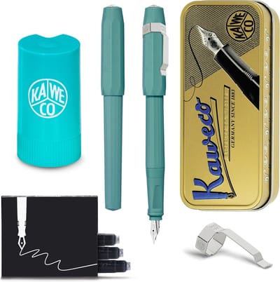 Kaweco - Cadeauset - Vintage blikje - Vulpen met Clip -  Perkeo Breezy Teal - Groen - Fine - Turkoise Twister - Doosje vullingen