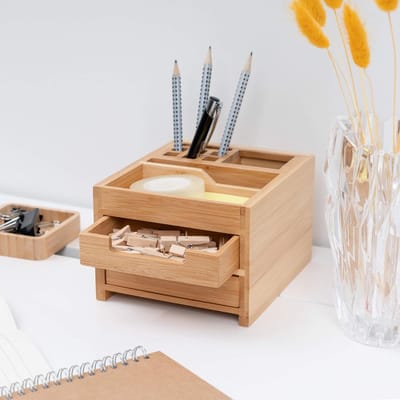 Famanu - Bamboe bureau-organizer 2 lades – Desk organizer bamboe klein – Pennenbak met lades – Opbergen van bureau-accessoires en make-up