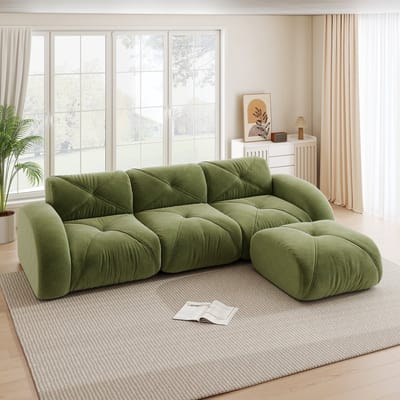 MODENUIT Hoekbank Zonder Frame - Modulaire 3-Zits Met Hocker - Voor Woonkamer En Loungehoek - Chenille Groen
