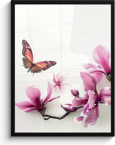 Poster in lijst - Fotolijst 60x80 cm - Posters - Bloesem - Vlinder - Roze - Natuur - Wit - Posterlijst zwart - Wanddecoratie badkamer - Muurdecoratie WC - Decoratieve accessoires - Toilet muur decoratie