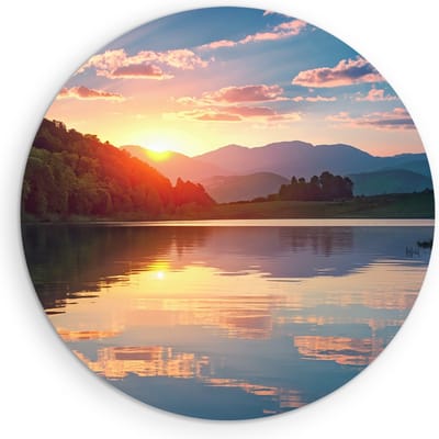 Saammp Muurcirkel Hout - Groot meer met zonsondergang - Landschap - Natuur - Ø 90 - Wandcirkel - Wanddecoratie Cirkel - Muurdecoratie Woonkamer - Slaapkamer decoratie - Rond Schilderij