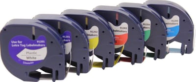 KATRIZ® huismerk label tape voor Dymo | 2x 91201(Zwart op Wit) + 1x 91203(Zwart op Rood) + 1x 91205(Zwart op Blauw) + 1x 91202(Zwart op Geel) + 1x 91204(Zwart op Groen) | 12mm*4m | 6 stuks