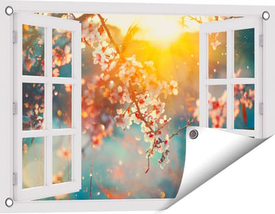 Gards Tuinposter Doorkijk Bloesemboom tijdens Zonsondergang - Bloem - 60x40 cm - Tuindoek - Tuindecoratie - Wanddecoratie buiten - Tuinschilderij