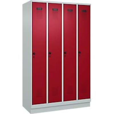 C+P Evolo Plus garderobekast, 4 vakken, 300 mm vakbreedte, met plint, rechts scharnierend, soft-close, inbraakwerend, B 1200 x D 500 x H 1950 mm, veiligheidsslot espagnoletsluiting, lichtgrijs RAL 7035/ruwe rood RAL 3003