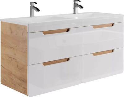 Vente-unique Zwevend badkamermeubel met inbouwwaskom - Naturel en wit - 120 cm - ARUBA
