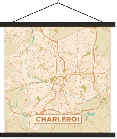 Posterhanger incl. Poster 60x60 cm - Schoolplaat - Plattegrond - Stadskaart - Vintage - Charleroi - Kaart - Textielposter - Zwarte latten - Stadskaart