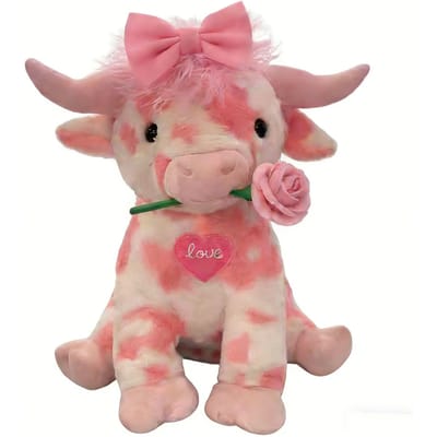 Roze Hoogland Koe Pluche Speelgoed – Schattig Knuffeldier met Strik & Bloem, Zachte Cadeaudoll voor Bureau Decoratie 35CM