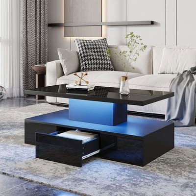 Pugsdrly Tweelaagse salontafel voor in de woonkamer met 16 kleuren ledverlichting, glanzende salontafel, salontafel met open plank en 1 uitschuifbare lade, kleine rechthoekige bijzettafel, zwart