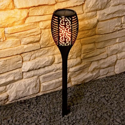 Solar buitenlamp 'Fakkel' - 3-in-1: wandlamp, tafellamp en priklamp - Met schemersensor - IP65 - 100 lumen - Warm wit licht (1900K) - Bewegend vlameffect - Zwart - Tuinverlichting op zonne-energie