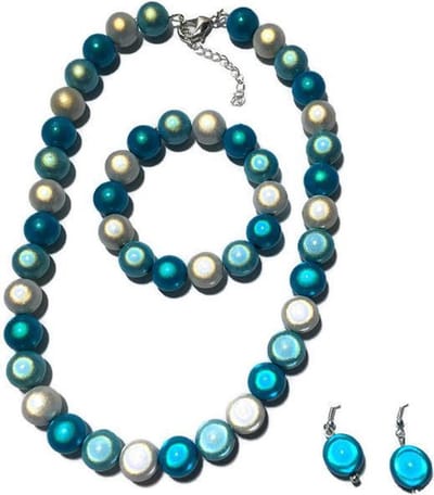 Petra's Sieradenwereld - Sieradenset 3D blauw en wit (ketting, oorbellen en bijpassende armband) (789)