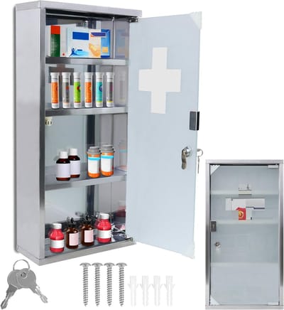 30x12x57.5cm Rvs Medische Kasten | 4 Vakken Sluitbare Apothekerskast | Inkl. Glazen Deur En 2 Sleutels | Hangende Huisapotheek Doos | Zilveren Wand Medicijnkast | Eerste Hulp Medicijnkast NAIZY