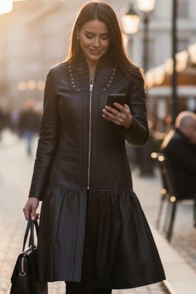 Dames ribet goth zwart leren Victoriaanse studd flare-jas - Mist