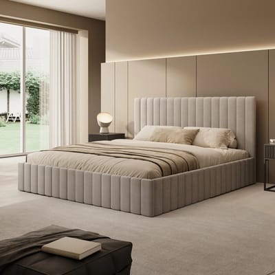 Meubella - Luz - Tweepersoonsbed met opbergruimte - Beige velvet - 180x200 cm