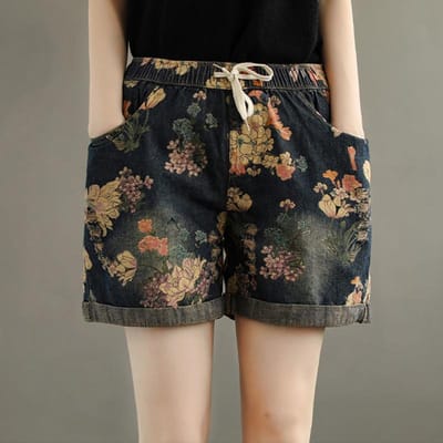 Dames Denim Shorts Etnische Print Hoge Taille Dames Losse All-match Elastische Taille Streetwear Zomer M brown
