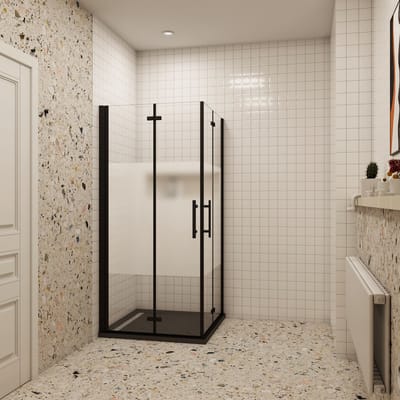 Aica Hoekinstap Douchecabine 70x80x195cm dubbele vouwdeuren-6mm veiligheidsglas EasyClean ondoorzichtige matte middenstrook-Mat Zwart Profiel incl. douchebak