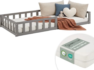 Homestyle4u Kinderbed - 90x200 cm - Vloerbed met valbeveiliging en matras - Grijs