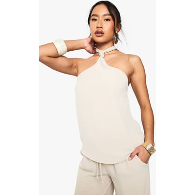 boohoo Dames Geweven gehamerde knoop tie-cami | Stone | Maat: 10