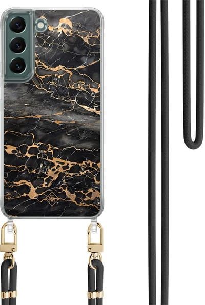 Casimoda® hoesje met zwart koord - Geschikt voor Samsung S22 Plus - Marmer Grijs Brons - Afneembaar koord - TPU/polycarbonaat - Zwart
