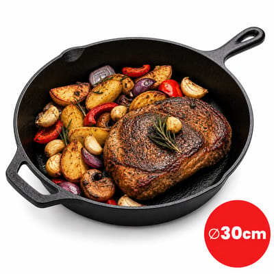 SEPH® Gietijzeren Koekenpan 30 CM - Cast Iron Skillet Pan voor Inductie, Gas, Oven en BBQ - Kamado Accessoires - Grote Bakpan van Gietijzer - PFAS Vrij - Zware Bodem