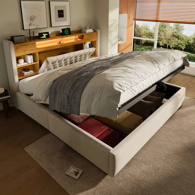 Tweepersoonsbed 140x190 cm - Gestoffeerd bed met hydraulische bedbodem en ledverlichting, bedframe met USB/Type-C oplaadfunctie, hoofdbord met plank en opbergruimte, linnen stof, beige (exclusief matras)