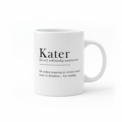 Grappige Quote Mok “Kater” Betekenis – Humor Koffiemok Cadeau – Witte Keramische Mok 330 ml
