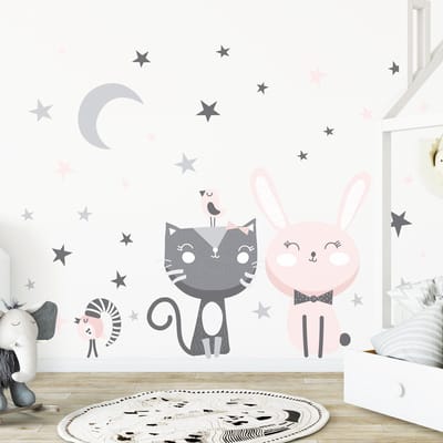 Muurstickers - Kat, konijn en vogels tussen de sterren - Zelfklevende stickers - 120x90cm