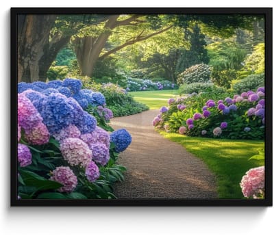 Poster in lijst - Fotolijst 70x50 cm - Posters - Hortensia- Park - Pad - Posterlijst zwart - Decoratie - Wanddecoratie woonkamer - Muurdecoratie slaapkamer
