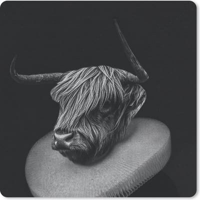 Muismat 20x20 cm - Mousepad Schilderij - Schotse hooglander - Zwart - Wit - Muismatten