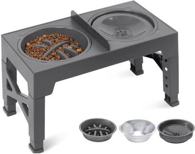 UFTA Verhoogde Hondenvoerbak 3-in-1 - Verstelbaar 5 Hoogtes - Slow Feeder & RVS Kommen - Ergonomisch Voedingstation - Grijs