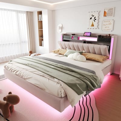 Wishdor Gestoffeerd Bed – 160 x 200 cm – Zwevend Ontwerp met Verborgen Poten – Ledverlichting Rondom – Usb-Aansluiting in Hoofdbord – Linnen Beige – Hoofdbord met Opbergruimte – Stabiel tot 250 kg – Smart Design voor Moderne Slaapkamer