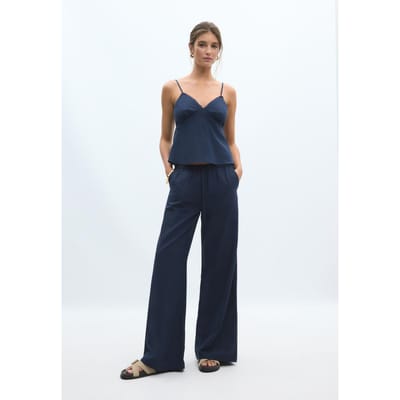 Stradivarius Wide leg broek met linnenlook  Donkermarine XS